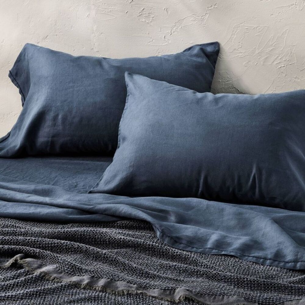 King 100% Linen Pillowcases Dark Mineral Blue - Casaluna